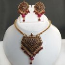 Bollywood Indian Fashion Gold plated Ruby Polki Chain Pendant jewelry Set fq55