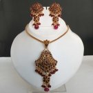 3 PC GOLD TONE SIMULATED RUBY HINGED POLKI JEWELRY PENDANT NECKLACE SET FQ91
