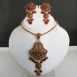 3 PC GOLD TONE SIMULATED RUBY HINGED POLKI JEWELRY PENDANT NECKLACE SET FQ91