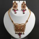 3 PC INDIAN GOLDTONE EMERALD RUBY HINGED POLKI JEWELRY PENDANT NECKLACE SET FQ54