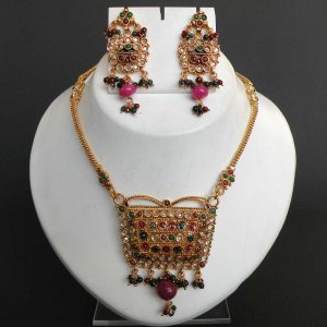 3 PC INDIAN GOLDTONE EMERALD RUBY HINGED POLKI JEWELRY PENDANT NECKLACE SET FQ54