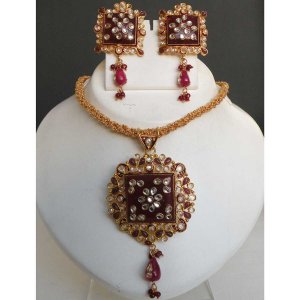 SUPERB! GOLDTONE DESIGNER KUNDAN WORK RUBY HINED POLKI JEWELRY NECKLACE SET F103