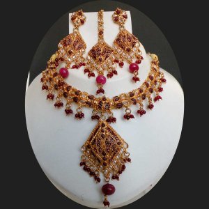 4 PC BOLLYWOOD INDIAN GOLD FINISH RUBY HINGED POLKI BRIDAL NECKLACE SET F328