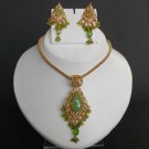AWASOME! GOLD TONE DESIGNER SIMULATED CZ PERIDOT POLKI JEWELRY NECKLACE SET F56