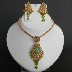 AWASOME! GOLD TONE DESIGNER SIMULATED CZ PERIDOT POLKI JEWELRY NECKLACE SET F56