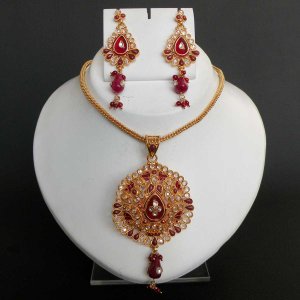 Designer Indian Fashion Cz Ruby Meenakari Polki Gold Plated Pednant Jewelry set