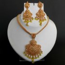 Bollywood Indian Fashion Yellow stone Polki Gold Plated Pendant Sari Jewelry Set