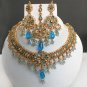 4 PC BOLLYWOOD INDIAN GOLDTONE SIMULATED FIROZI CZ POLKI BRIDAL NECKLACE SET F94