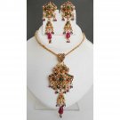 AWASOME! GOLDTONE SIMULATED RUBY EMERALD PEARL POLKI JEWELRY NECKLACE SET FQ85