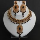 3 PC STUDIO GOLD TONE SIMULATED ONYX CZ POLKI BRIDAL JEWELRY NECKLACE SET FQ31