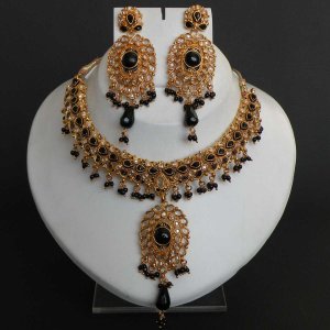 3 PC STUDIO GOLD TONE SIMULATED ONYX CZ POLKI BRIDAL JEWELRY NECKLACE SET FQ31