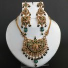 Premium Indian Fashion Cz Emerald Green meena Polki Big Pendant jewelry Set fq45
