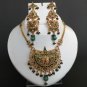 Premium Indian Fashion Cz Emerald Green meena Polki Big Pendant jewelry Set fq45