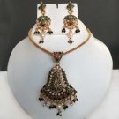 Bollywood Indian Fashion Goldplated Emerald Pearl Polki Pendant jewelry Set fq66