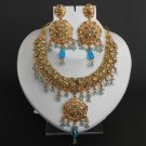 3 PC STUDIO DESIGNER GOLD FINISH SIMULATED DIAMOND POLKI BRIDAL NECKLACE SET F12