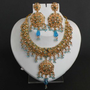 3 PC STUDIO DESIGNER GOLD FINISH SIMULATED DIAMOND POLKI BRIDAL NECKLACE SET F12