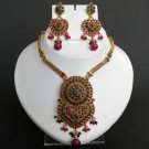 Bollywood Indian Ruby Emerald hinged Polki GoldPlated Big Pednant Jewelry set