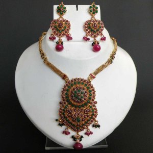 Bollywood Indian Ruby Emerald hinged Polki GoldPlated Big Pednant Jewelry set