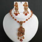 Bollywood Indian Fashion Simulated Cz Polki Gold Plated Pednant Jewelry set f385