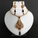 AWASOME! GOLD FINISH SIMULATED CZ ONYX POLKI JEWELRY PENDANT NECKLACE SET H62