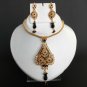AWASOME! GOLD FINISH SIMULATED CZ ONYX POLKI JEWELRY PENDANT NECKLACE SET H62