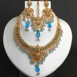4 PC STUDIO GOLD TONE SIMULATED FIROZI CZ POLKI BRIDAL JEWELRY NECKLACE SET FQ39