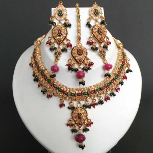 4 PC BOLLYWOOD INDIAN GOLD FINISH RUBY EMERALD POLKI BRIDAL NECKLACE SET FQ41