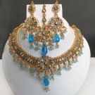 AWASOME DESIGNER INDIAN GOLDTONE FIROZI CZ HINGED POLKI BRIDAL NECKLACE SET FQ29