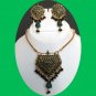 Bollywood Indian Fashion Goldplated Emerald Polki Chain Pendant jewelry Set fq57