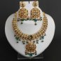 AWASOME DESIGNER INDIAN GOLDTONE RAMA GREEN CZ  POLKI BRIDAL NECKLACE SET FQ14