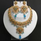 3 PC STUDIO GOLD TONE SIMULATED FIROZI CZ POLKI BRIDAL JEWELRY NECKLACE SET FQ36