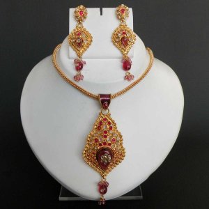 Gorgeous Indian Fashion Cz Ruby Meenakari Polki Gold Plated Pednant Jewelry set