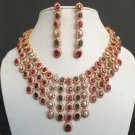 GOLD PL INDIAN JAIPUR NAVRATAN DESIGNER BRIDAL JEWELRY RUBY PEARL NECKLACE SET