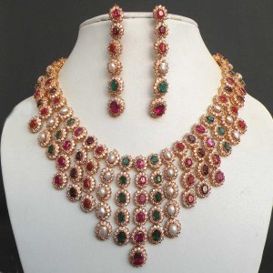 GOLD PL INDIAN JAIPUR NAVRATAN DESIGNER BRIDAL JEWELRY RUBY PEARL NECKLACE SET