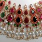 GOLDPLATED INDIAN JAIPUR NAVRATAN BRIDAL JEWELRY EMERALD RUBY PEARL NECKLACE SET