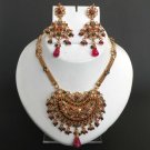 PREMIUM STYLE GOLD FINISH RUBY EMERALD CZ POLKI BRIDAL PENDANT NECKLACE SET H46