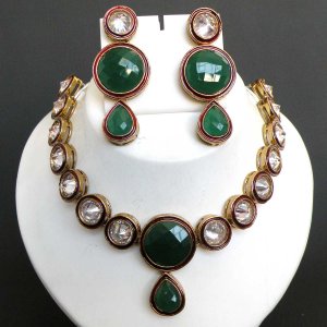 ESTATE DESIGNER 3 PC GOLD TONE DIAMOND CUT EMERALD AD VICTORIAN NECKLACE SET 103