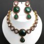 ESTATE DESIGNER 3 PC GOLD TONE DIAMOND CUT EMERALD AD VICTORIAN NECKLACE SET 103