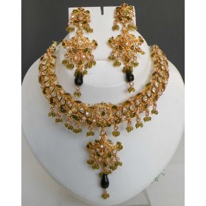 3 PC BOLLYWOOD INDIAN GOLD FINISH PERIDOT CZ POLKI BRIDAL SARI NECKLACE SET FQ34