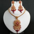 SUPERB! GOLD FINISH HOT PINK RUBY CZ POLKI BRIDAL SARI PENDANT NECKLACE SET FQ62