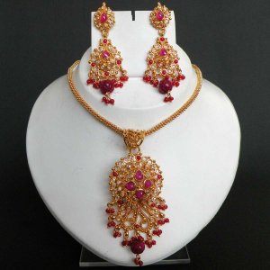 SUPERB! GOLD FINISH HOT PINK RUBY CZ POLKI BRIDAL SARI PENDANT NECKLACE SET FQ62