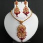 SUPERB! GOLD FINISH HOT PINK RUBY CZ POLKI BRIDAL SARI PENDANT NECKLACE SET FQ62