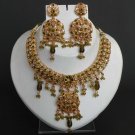 BOLLYWOOD STYLE GOLD FINISH PERIDOT GREEN CZ POLKI BRIDAL SARI NECKLACE SET FQ13