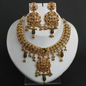 BOLLYWOOD STYLE GOLD FINISH PERIDOT GREEN CZ POLKI BRIDAL SARI NECKLACE SET FQ13