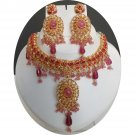 BOLLYWOOD GOLD FINISH SIMULATED PINK RUBY CZ POLKI BRIDAL SAREE NECKLACE SET F92
