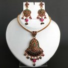 UNIQUE GOLDTONE SIMULATED RUBY EMERALD HINGED POLKI FASHION NECKLACE SET FQ65
