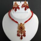 GORGEOUS! GOLDTONE SIMULATED CZ BEADS ( GLASS ) POLKI FASHION NECKLACE SET PN663