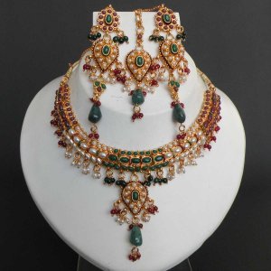 AWASOME! GOLD FINISH RUBY EMERALD PEARL DESIGNER POLKI JEWELRY NECKLACE SET FQ42