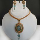ESTATE DESIGNER GOLD FINISH TURQUOISE POLKI JEWELRY NECKLACE EARRING SET F107-N