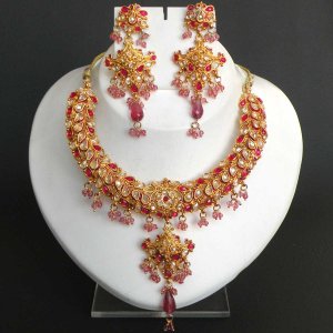 3 PC GOLDTONE SIMULATED CZ RUBY POLKI JEWELRY BRIDAL CHOKER NECKLACE SET FQ35-N